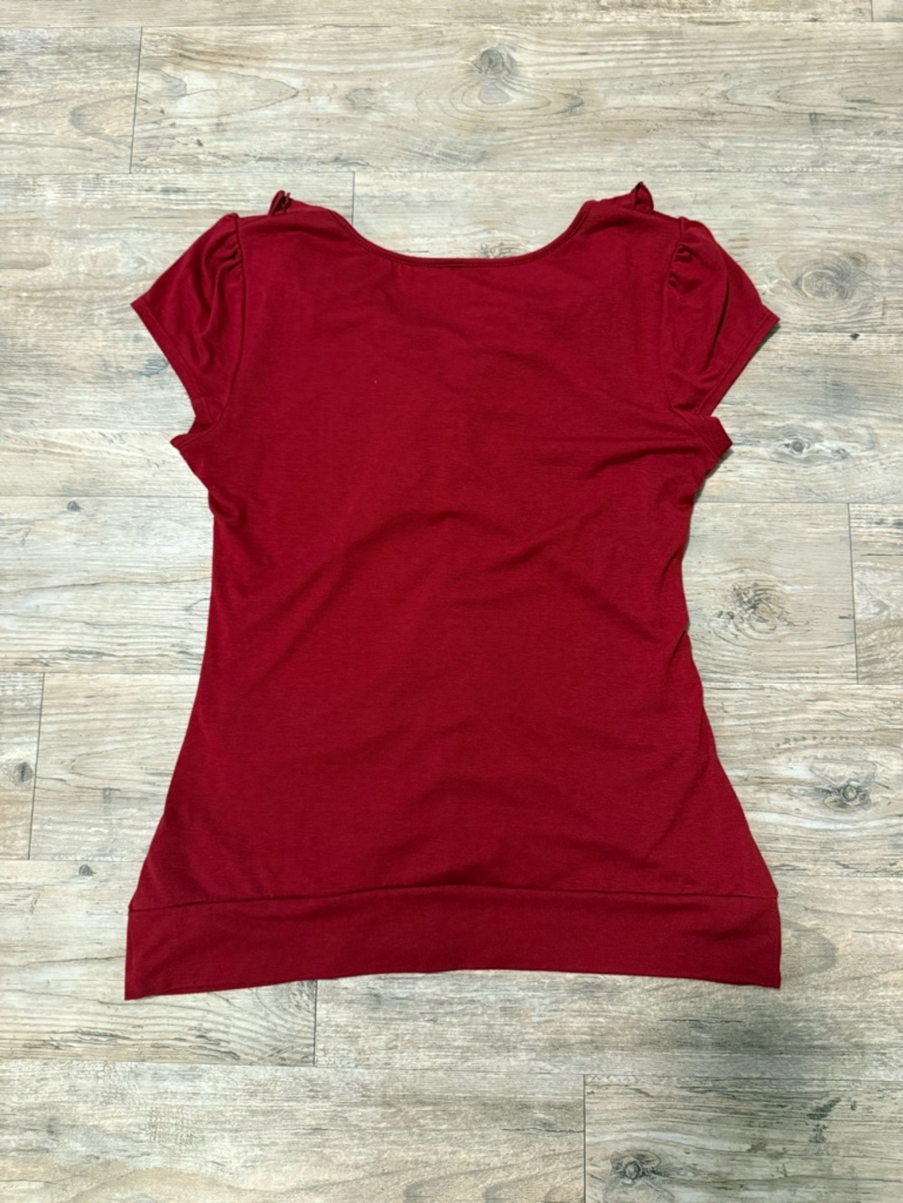 Maurices Deep Red Ruffled V-Neck Ruched Short Sleeve Top - Picture 9 of 9